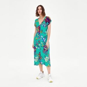 Zara TRF Collection Floral Turquoise Tea Dress Midi Short Sleeve Sz XS